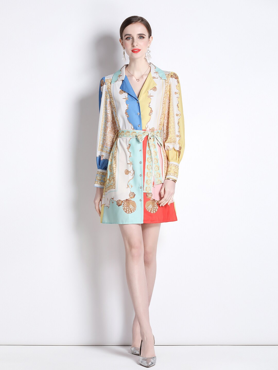 

JC Collection Shirt Collar Print Shirt Dress, Cream