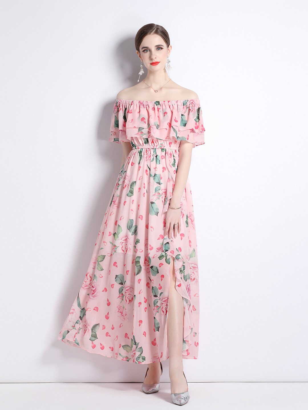 

JC Collection Pink Floral Print Off-Shoulder Maxi Dress