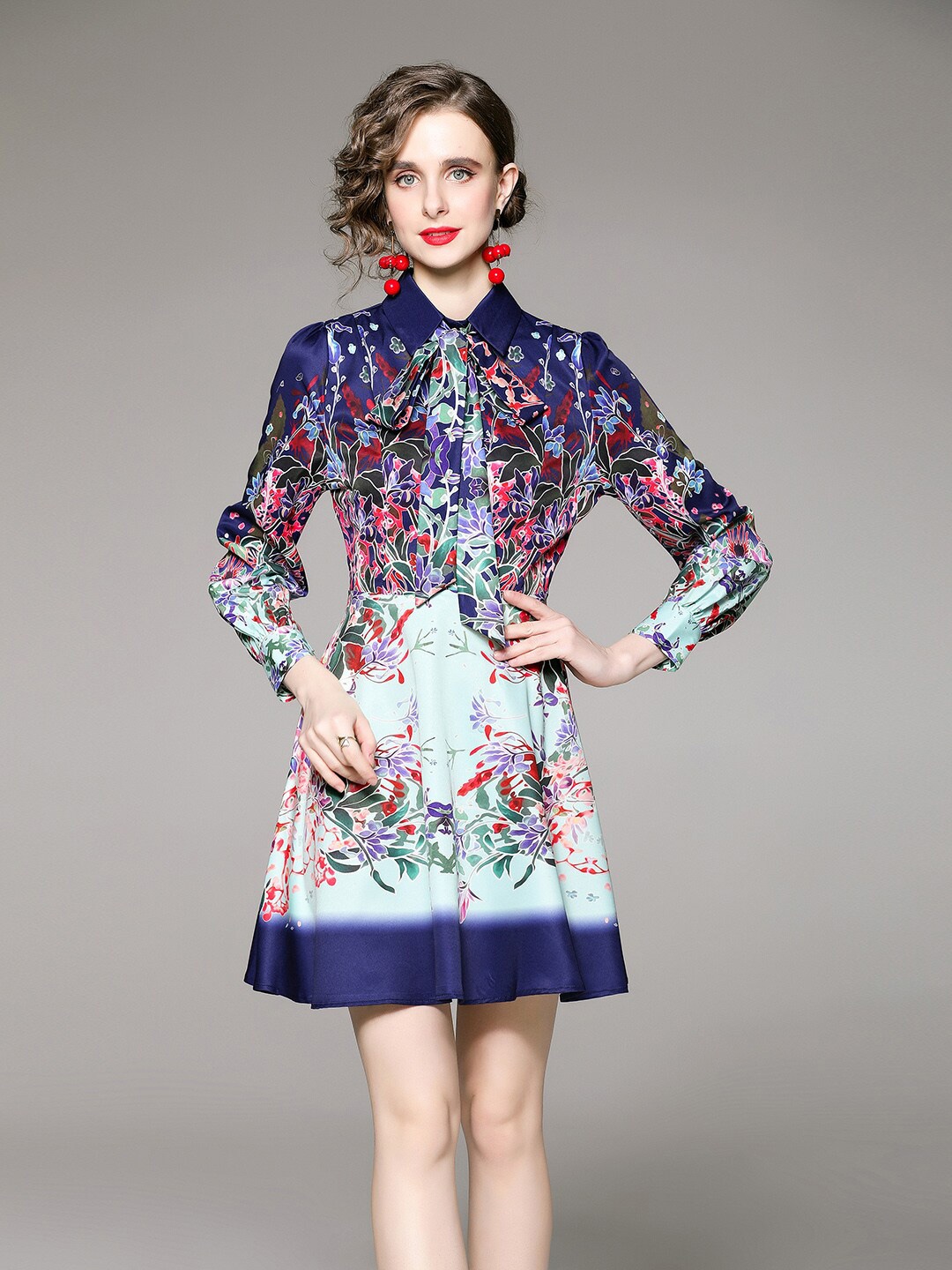 

JC Collection Floral Printed Shirt Collar Fit And Flare Dress, Navy blue