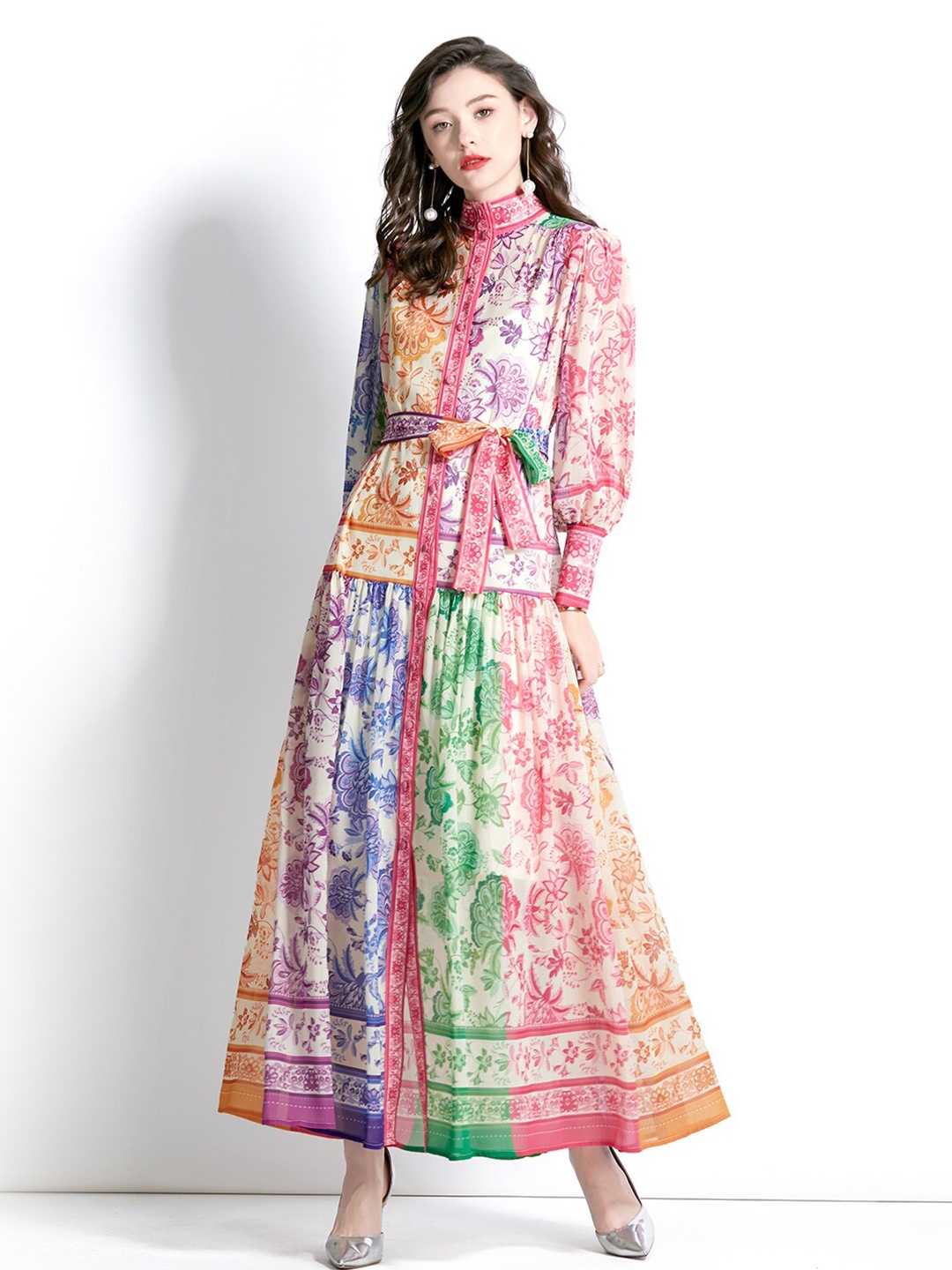 

JC Collection Ethnic Motifs Printed Cuffed Sleeves Maxi Dress with Belt, Pink