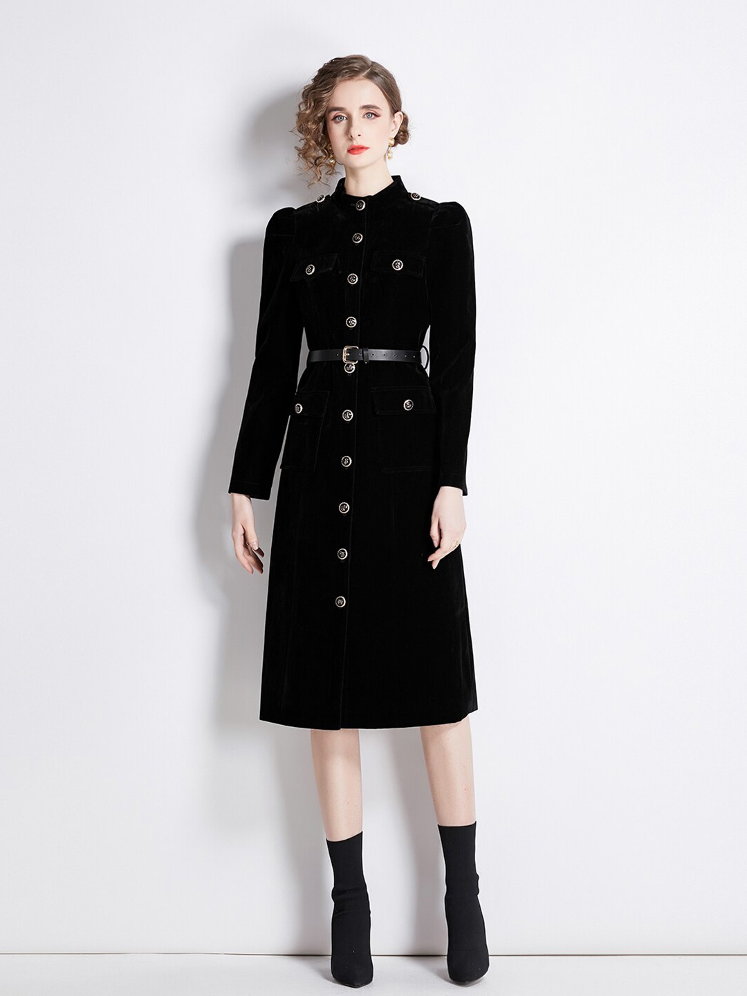 

JC Collection Mandarin Collar Shirt Midi Dress, Black