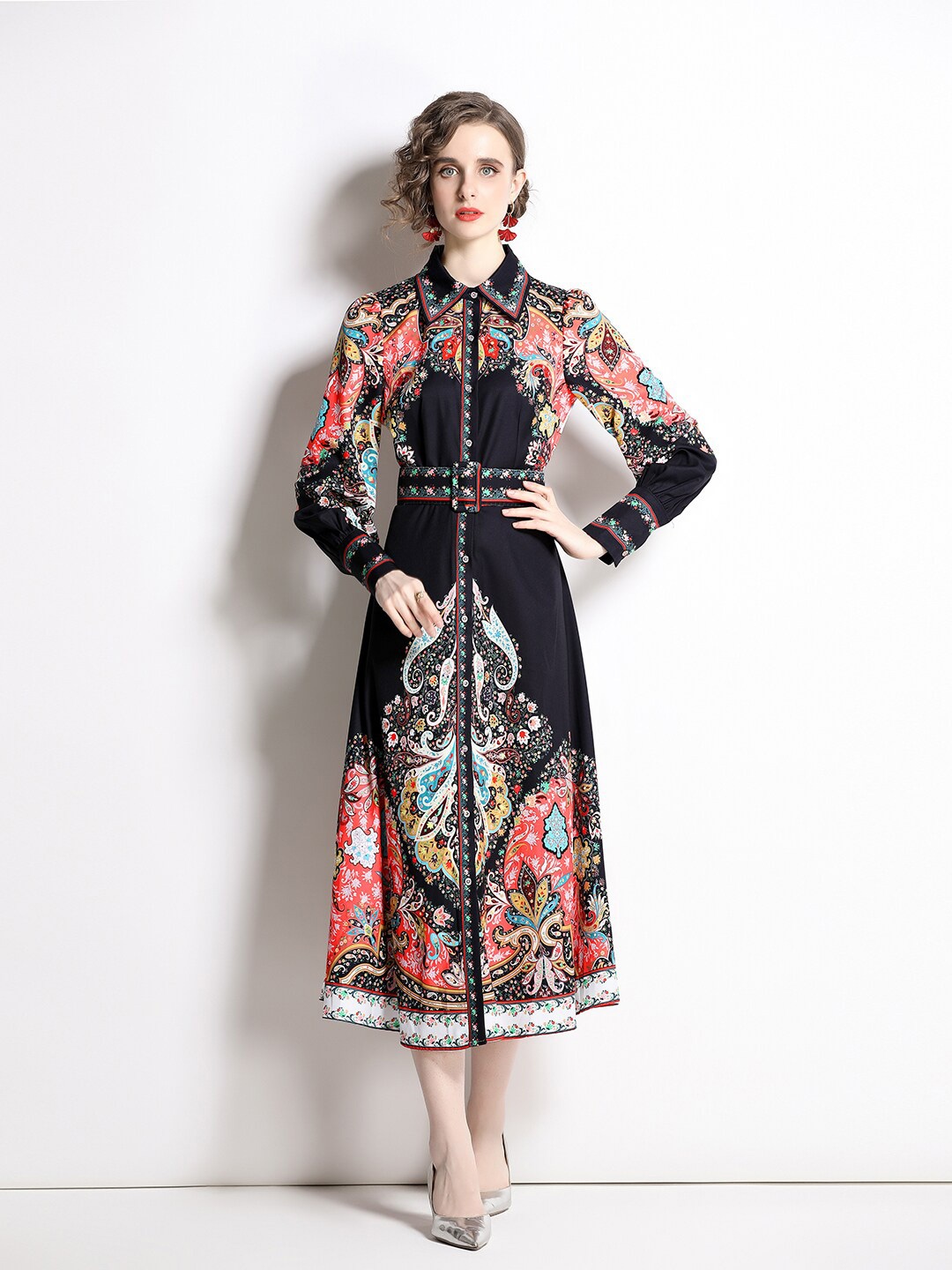 

JC Collection Floral Print Shirt Midi Dress, Black