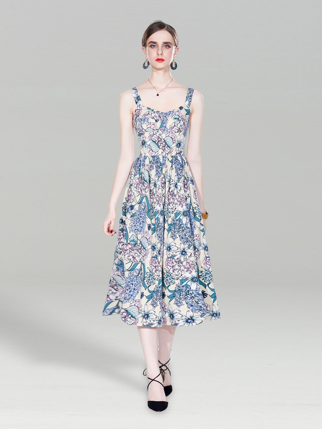 

JC Collection Floral Printed Sweetheart Neck Fit & Flare Midi Dress, White