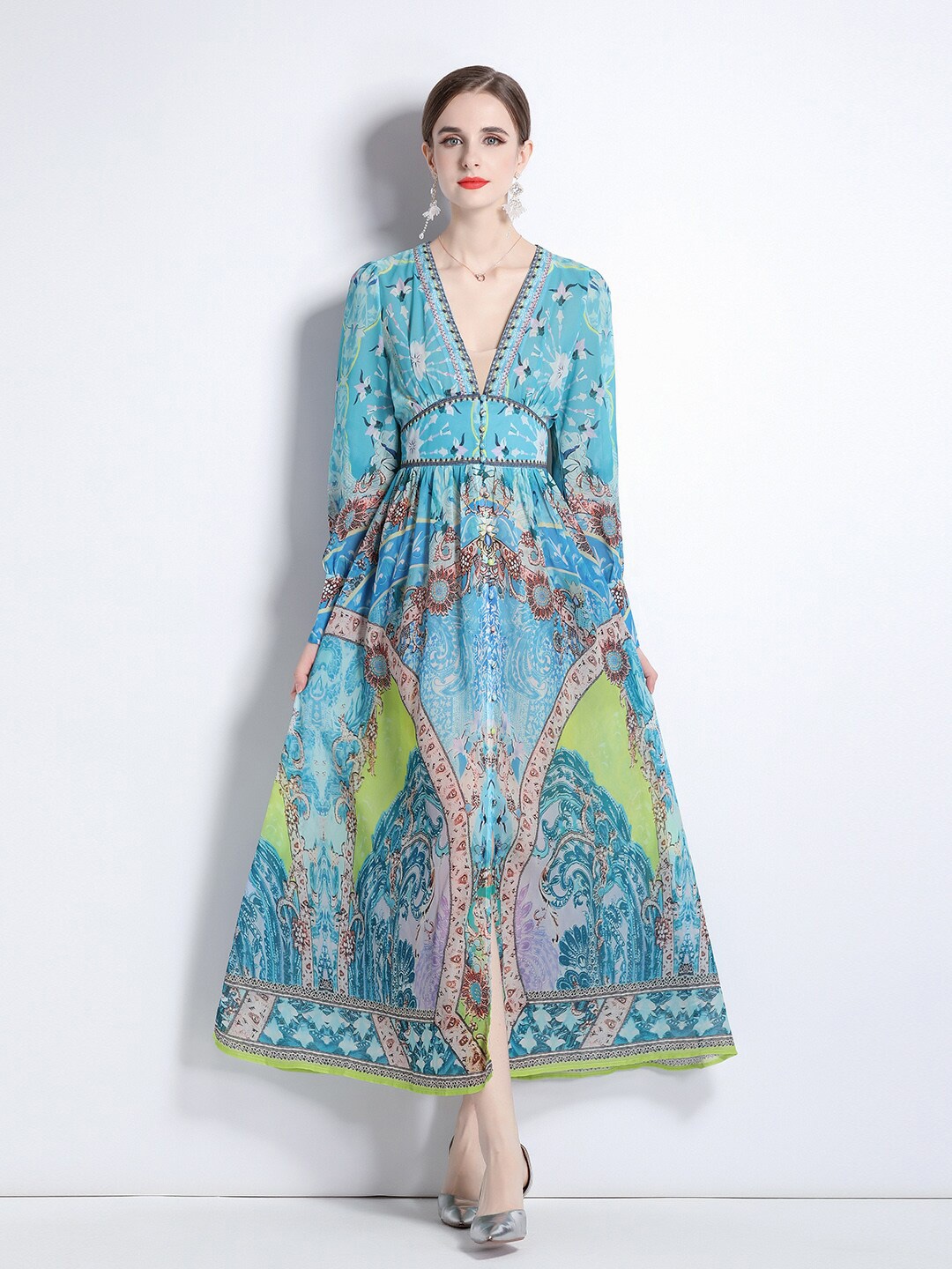 

JC Collection Ethnic Motifs Print V-Neck Maxi Dress, Blue