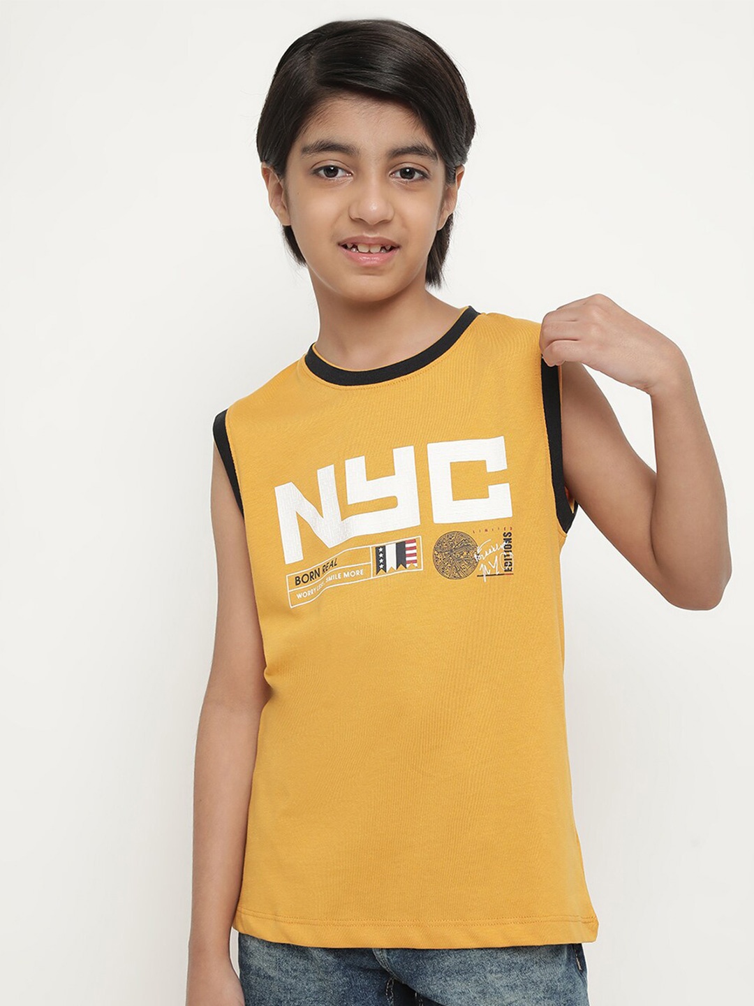 

Octave Boys Typography Printed Sleeveless Cotton T-Shirt, Yellow