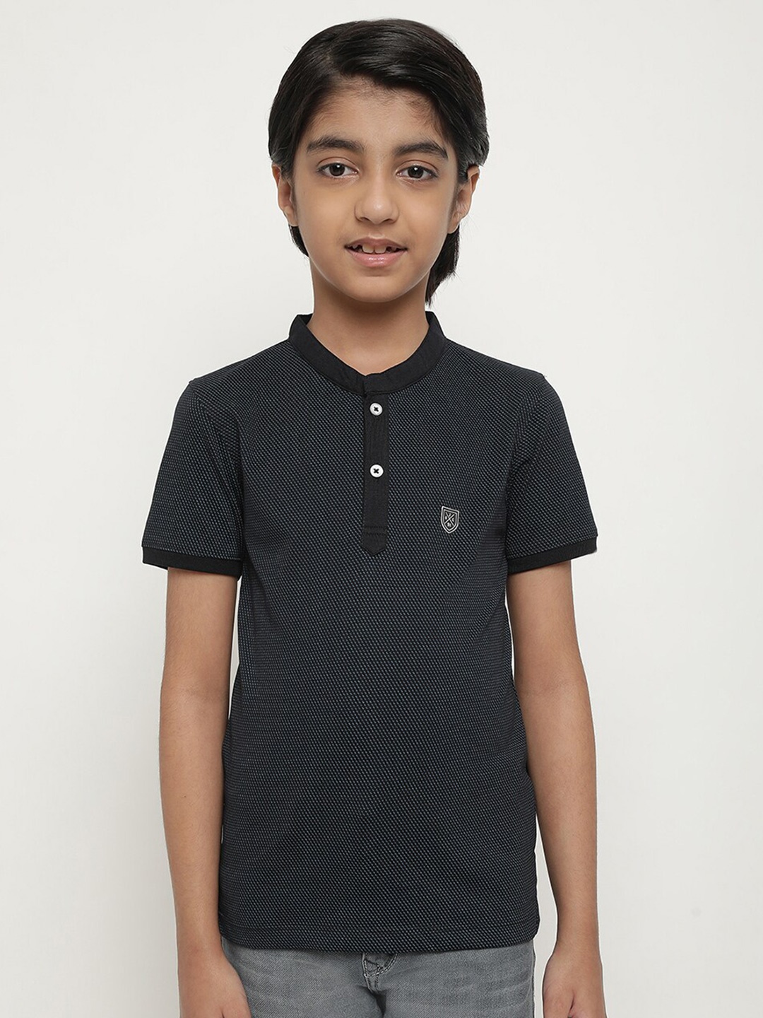 

Octave Boys Micro Printed Mandarin Collar Cotton T-shirt, Navy blue