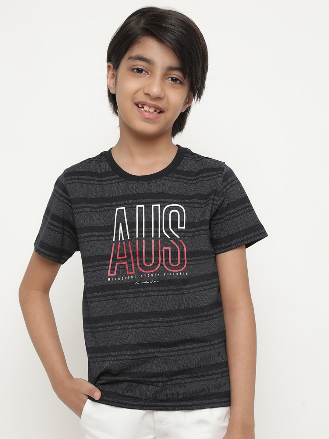 

Octave Boys Striped Cotton T-shirt, Charcoal