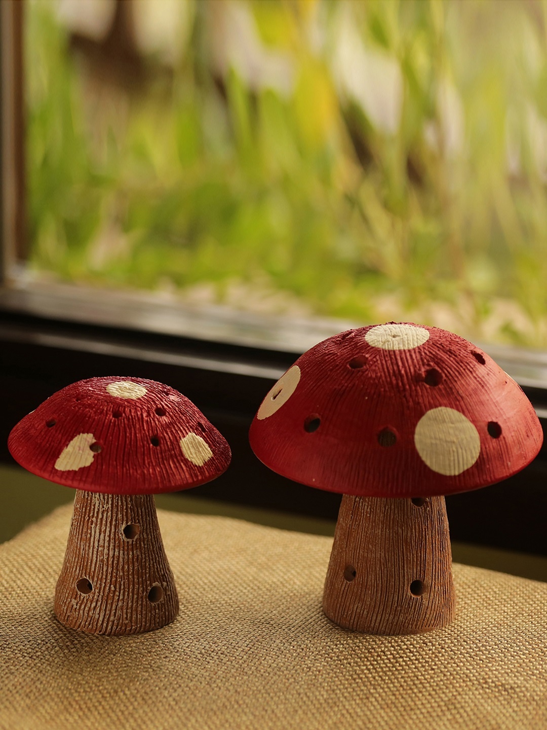 

ExclusiveLane Red Set of 2 Terracotta Hand-Painted Garden Mushrooms