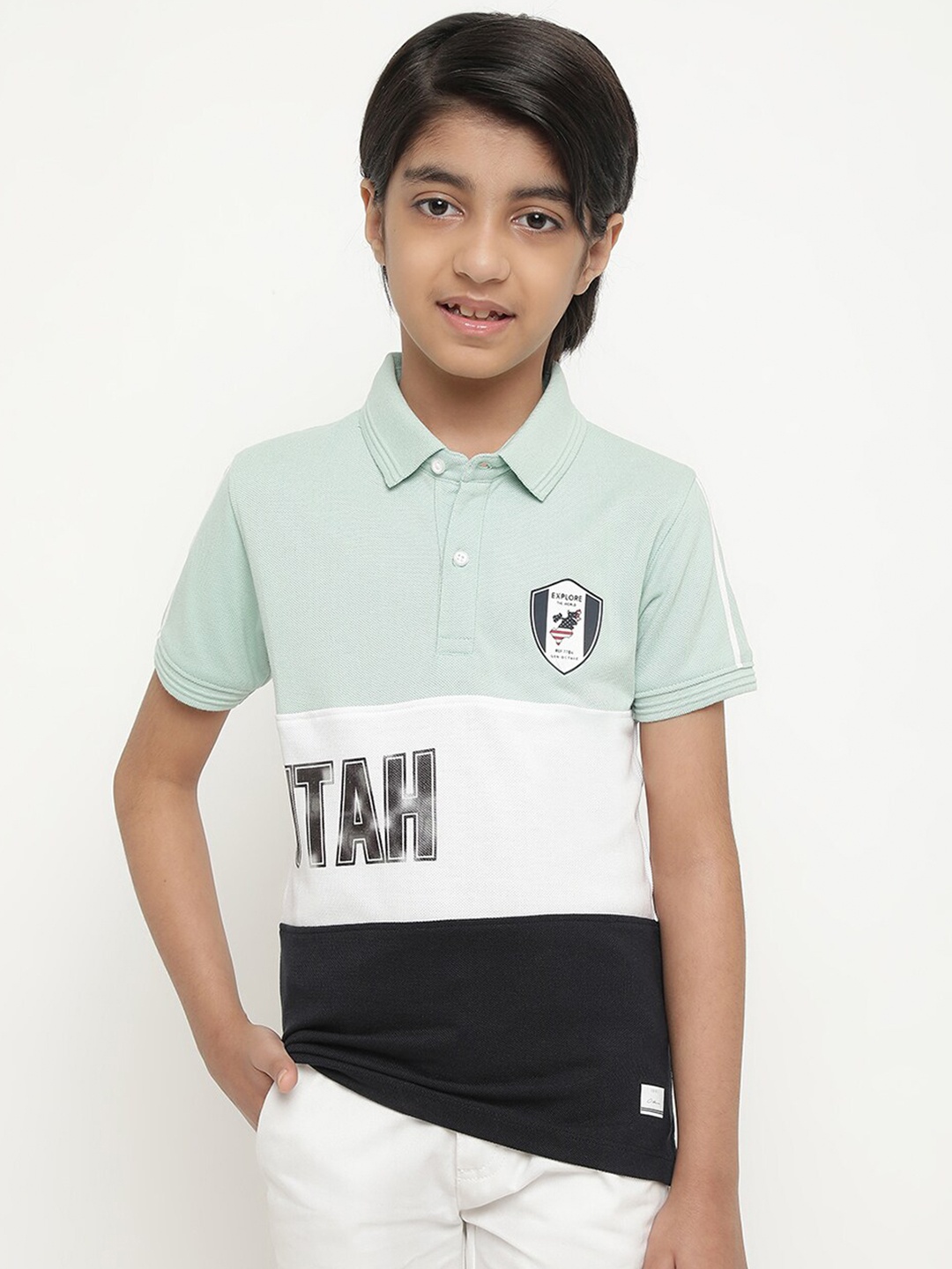 

Octave Boys Colourblocked Polo Collar Cotton T-shirt, Green