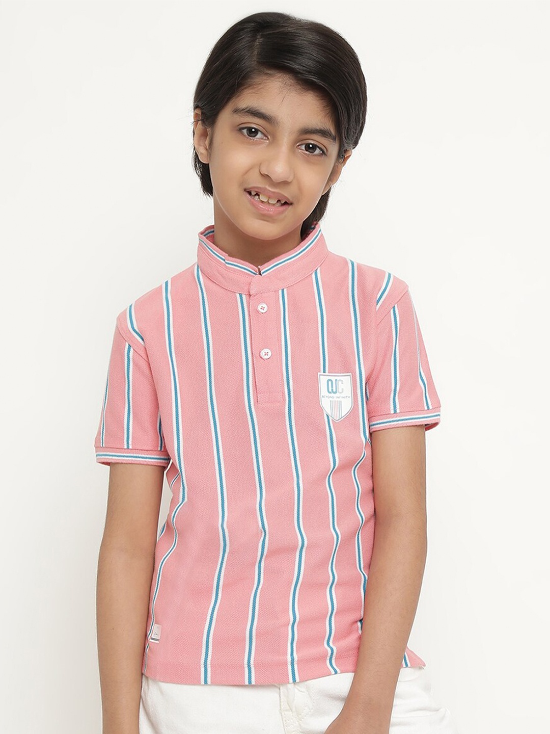 

Octave Boys Vertical Striped Mandarin Collar Cotton T-shirt, Pink