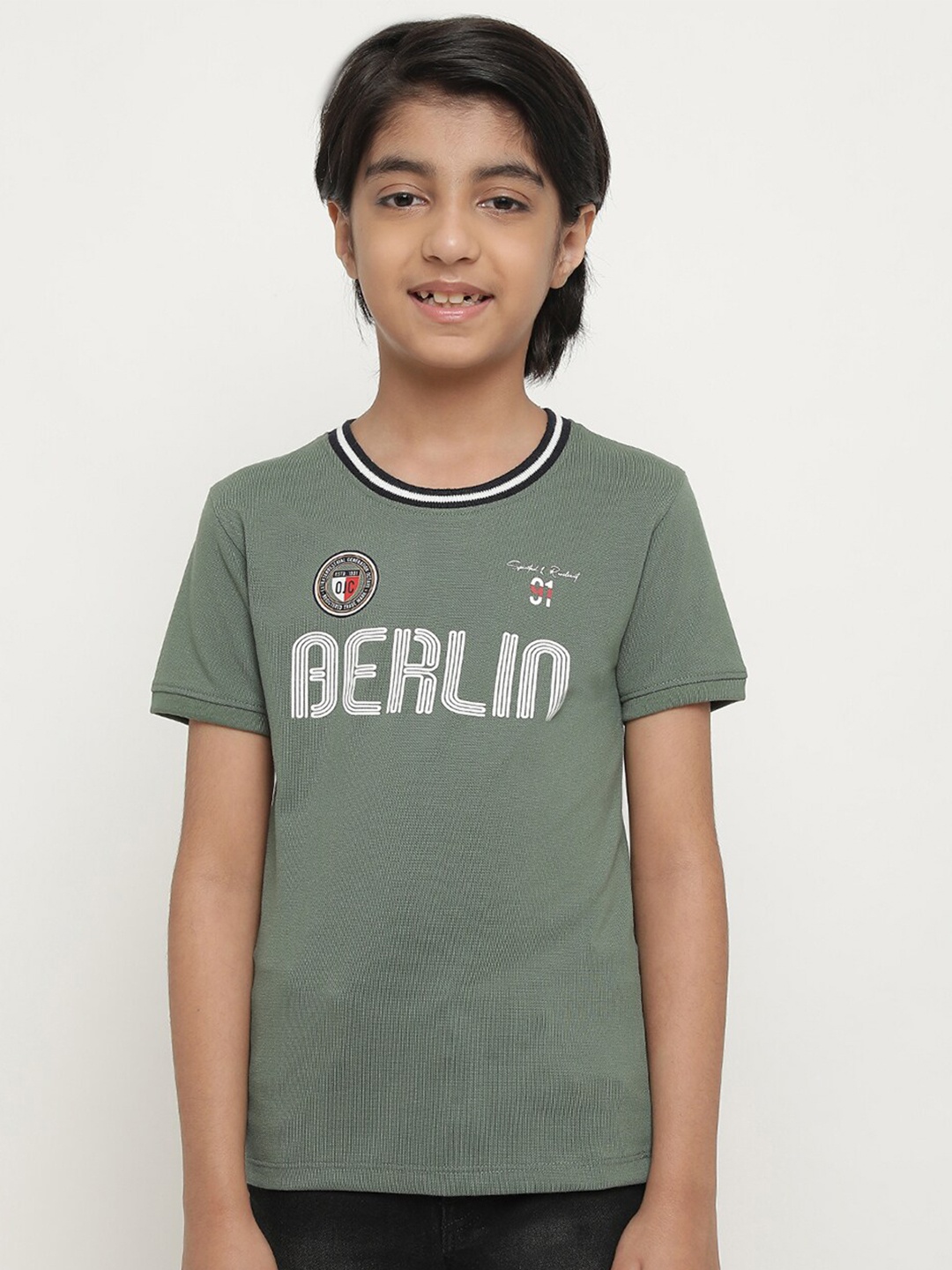 

Octave Boys Typography Printed Cotton T-shirt, Olive