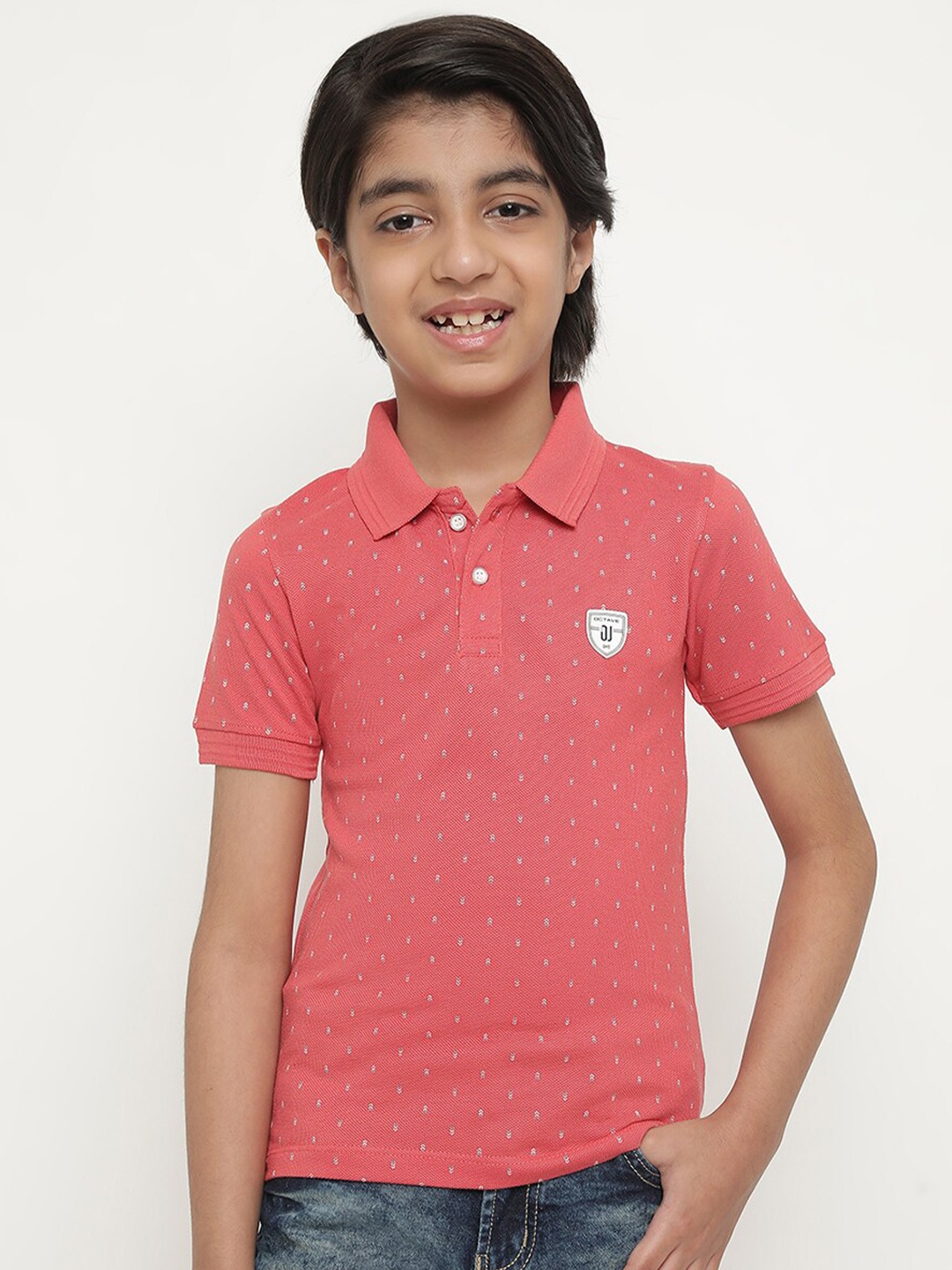 

Octave Boys Micro Ditsy Printed Polo Collar Cotton T-shirt, Coral