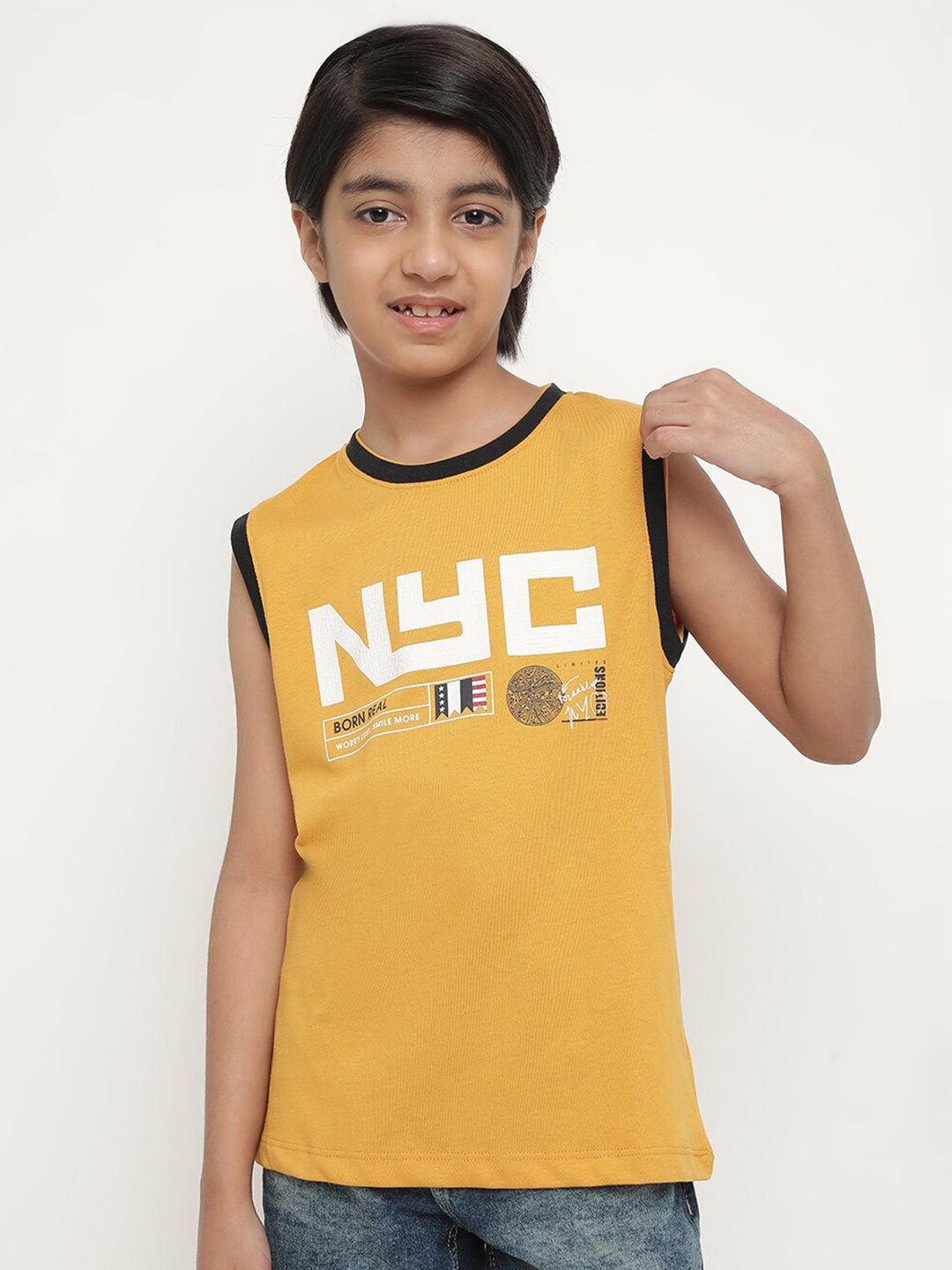 

Octave Boys Typography Printed Sleeveless Casual T-shirt, Yellow