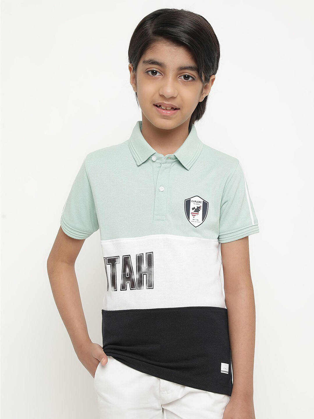

Octave Boys Colourblocked Polo Collar Cotton T-shirt, Green