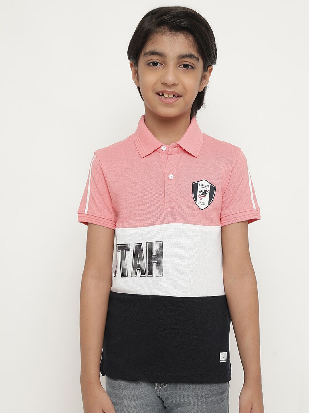 

Octave Boys Colourblocked Polo Collar Cotton T-Shirt, Pink
