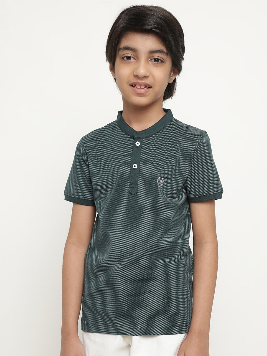 

Octave Boys Printed Mandarin Collar Cotton T-Shirt, Green