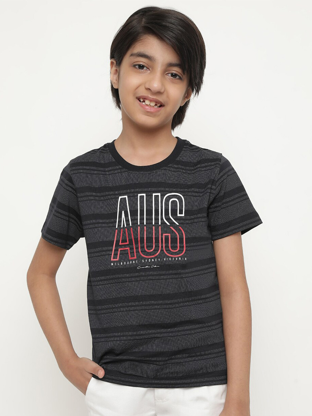 

Octave Boys Typography Printed And Striped Casual T-shirt, Black