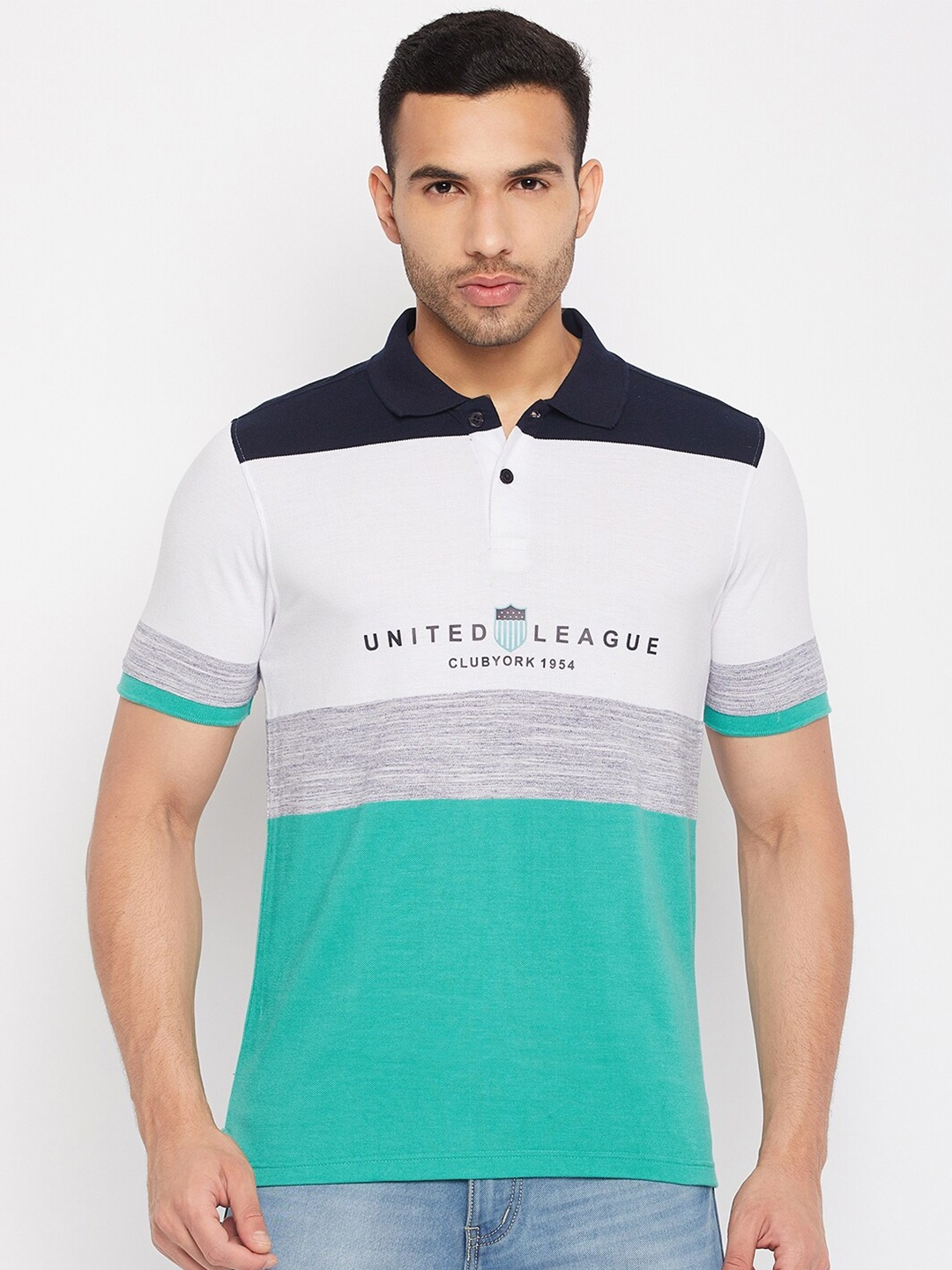 

Club York Typography Printed And Striped Polo Collar Casual T-shirt, Turquoise blue
