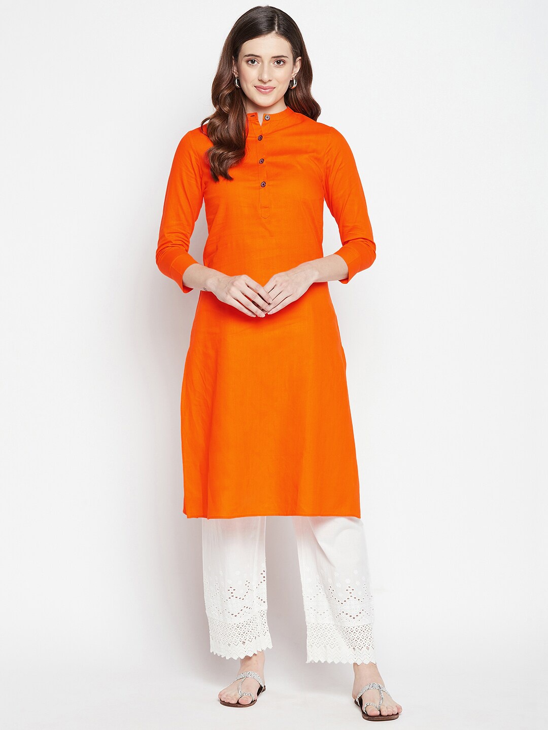 

CHILL WINSTON Band Collar Pure Cotton Kurta, Orange