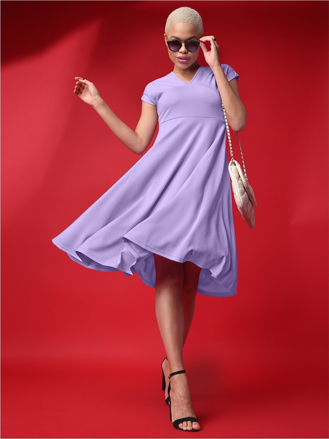 

PURVAJA V-Neck Extended Sleeves Fit and Flare Midi dress, Lavender