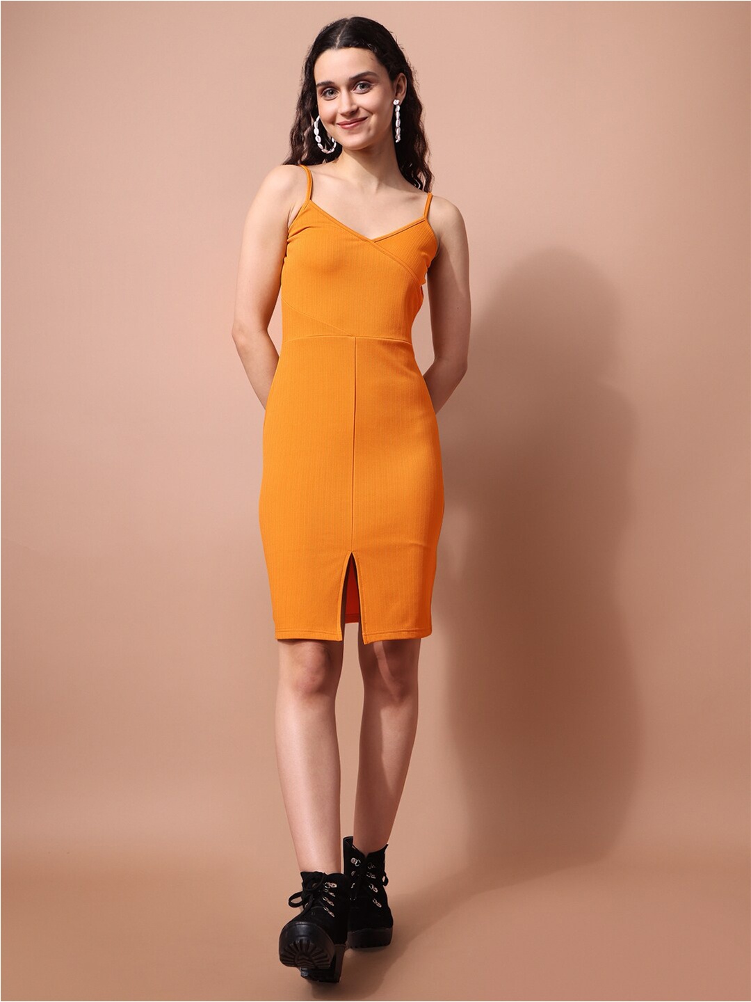 

PURVAJA Shoulder Straps Slit Bodycone Dress, Orange