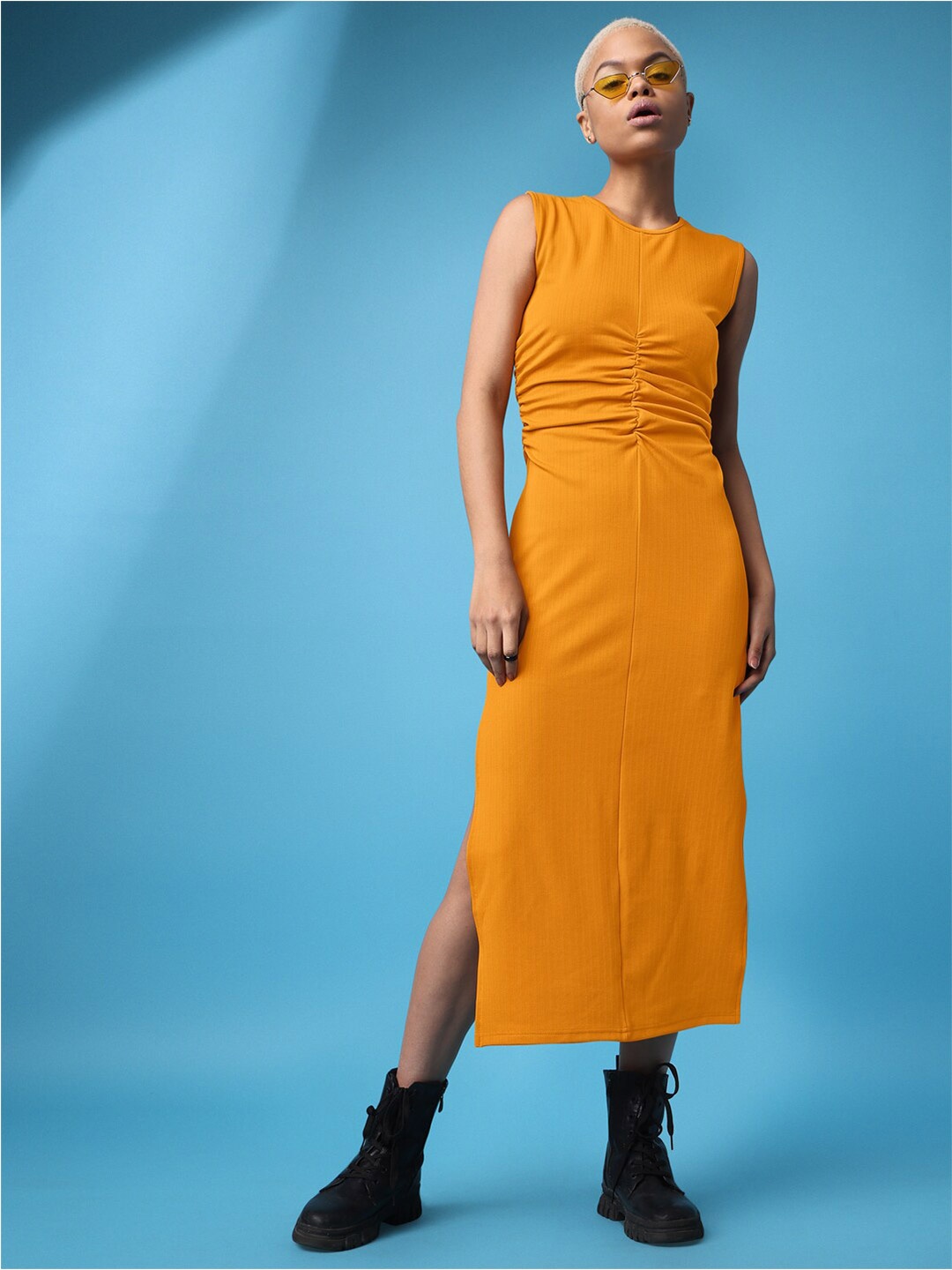 

PURVAJA Sleeveless Ruched High Slit Sheath Dress, Yellow