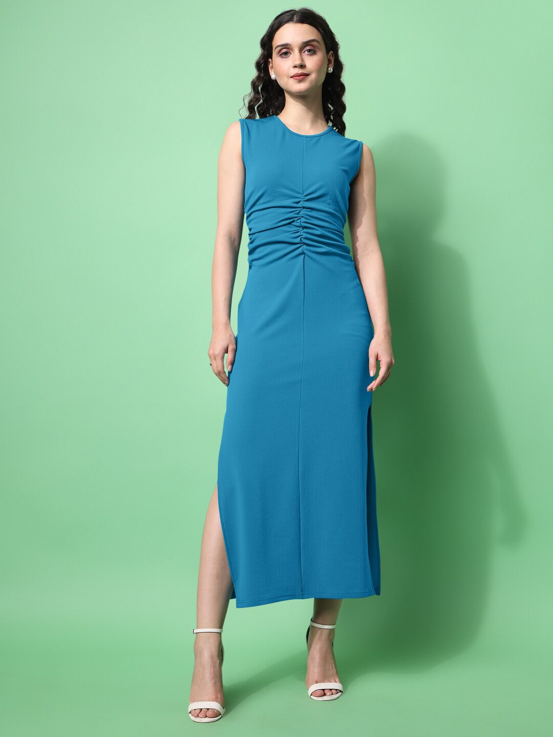 

PURVAJA Ruched Sleeveless High Slit Maxi Dress, Teal