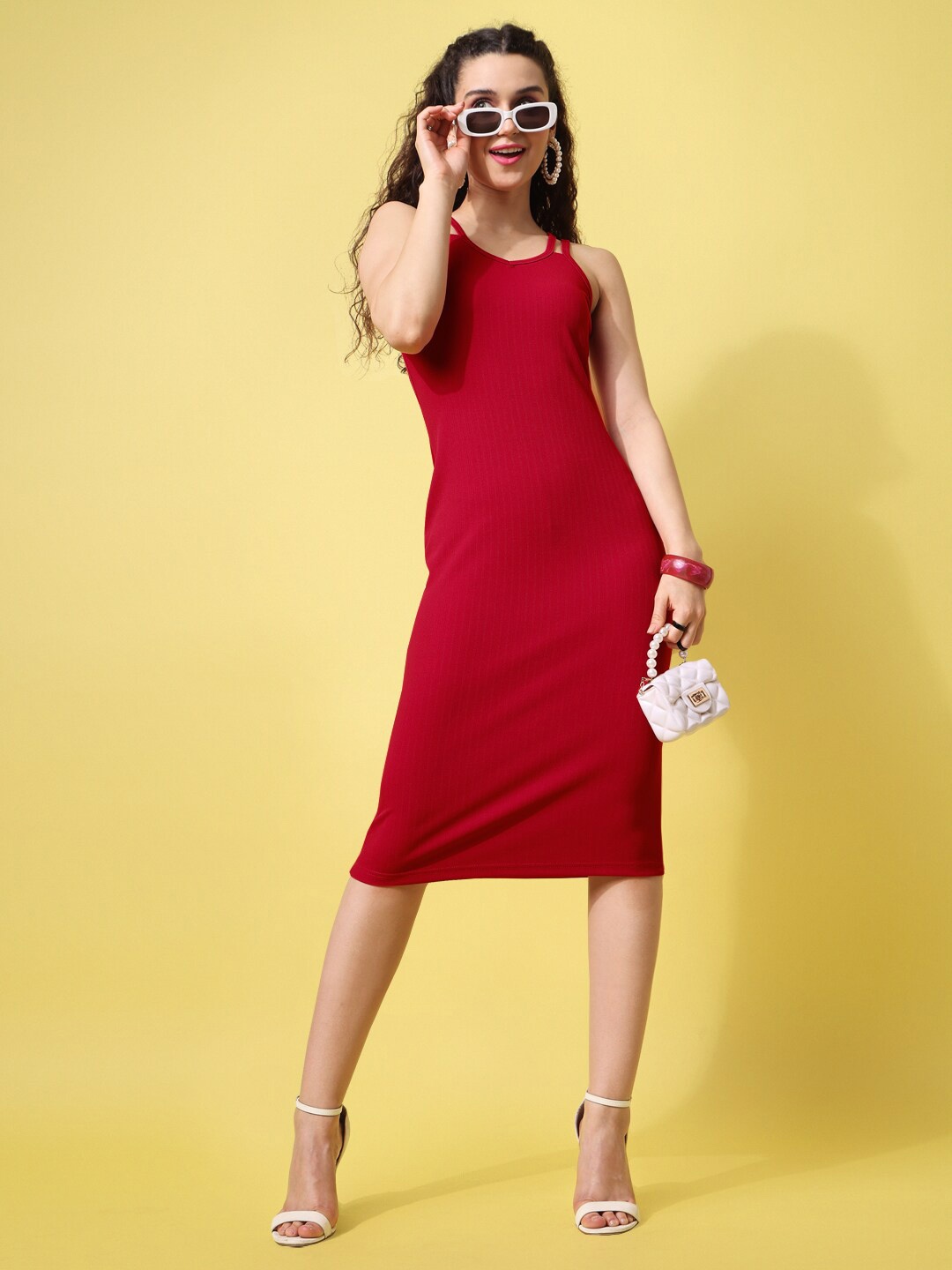 

PURVAJA Shoulder Straps Knee Length Sheath Dress, Red