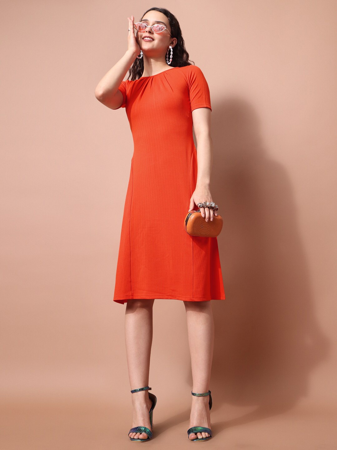 

PURVAJA Round Neck Knee Length Sheath Dress, Orange