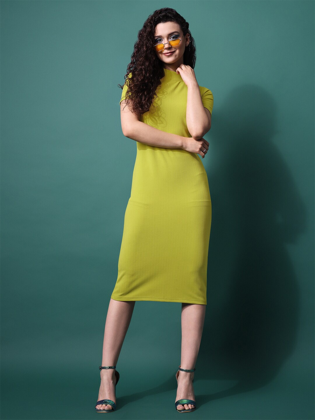 

PURVAJA High Neck Bodycon Midi Dress, Lime green