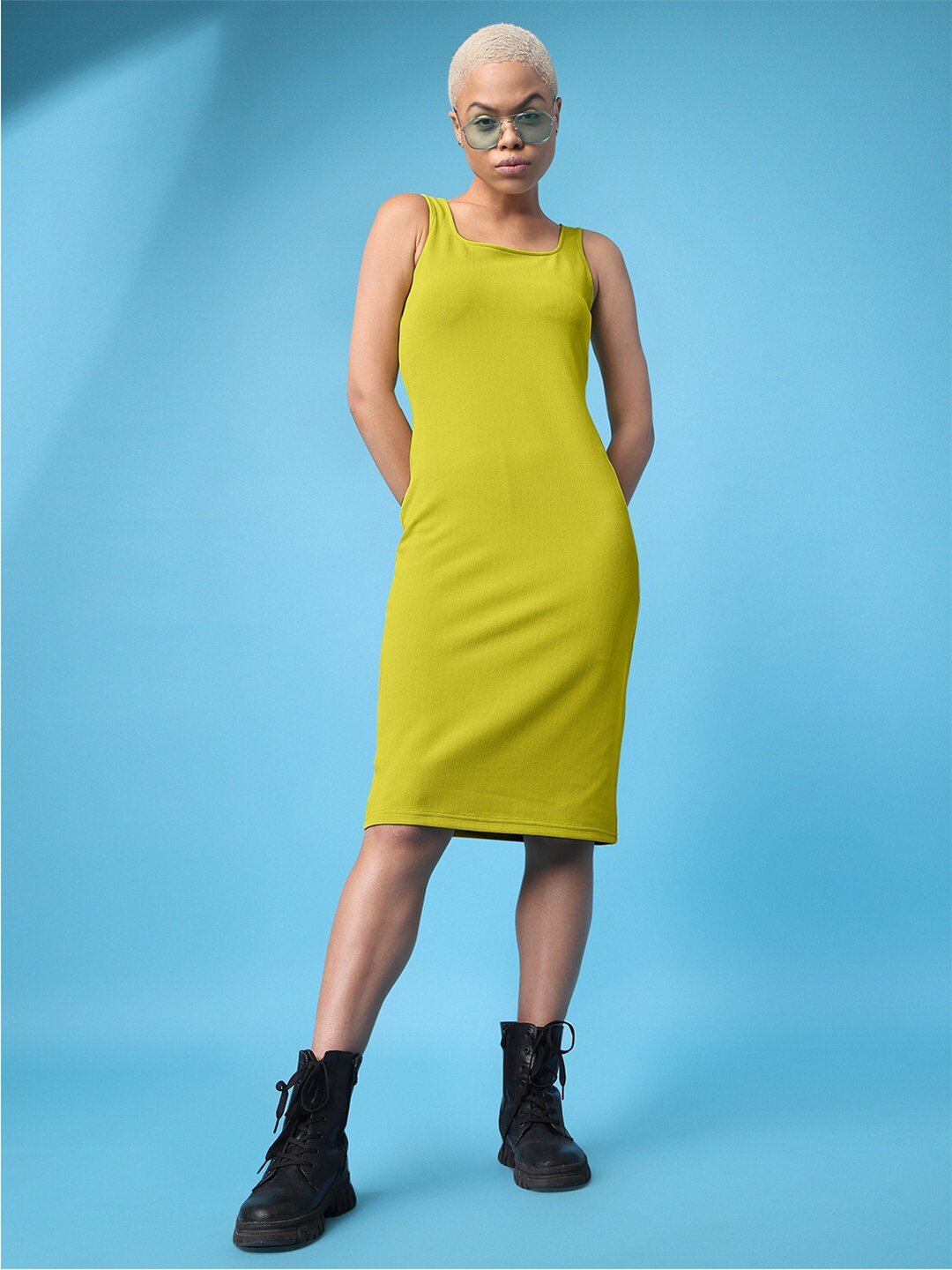 

PURVAJA Square Neck Sheath Midi Dress, Lime green