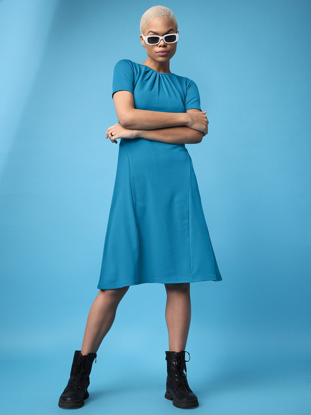 

PURVAJA Pleated Neck Knitted A-Line Dress, Teal