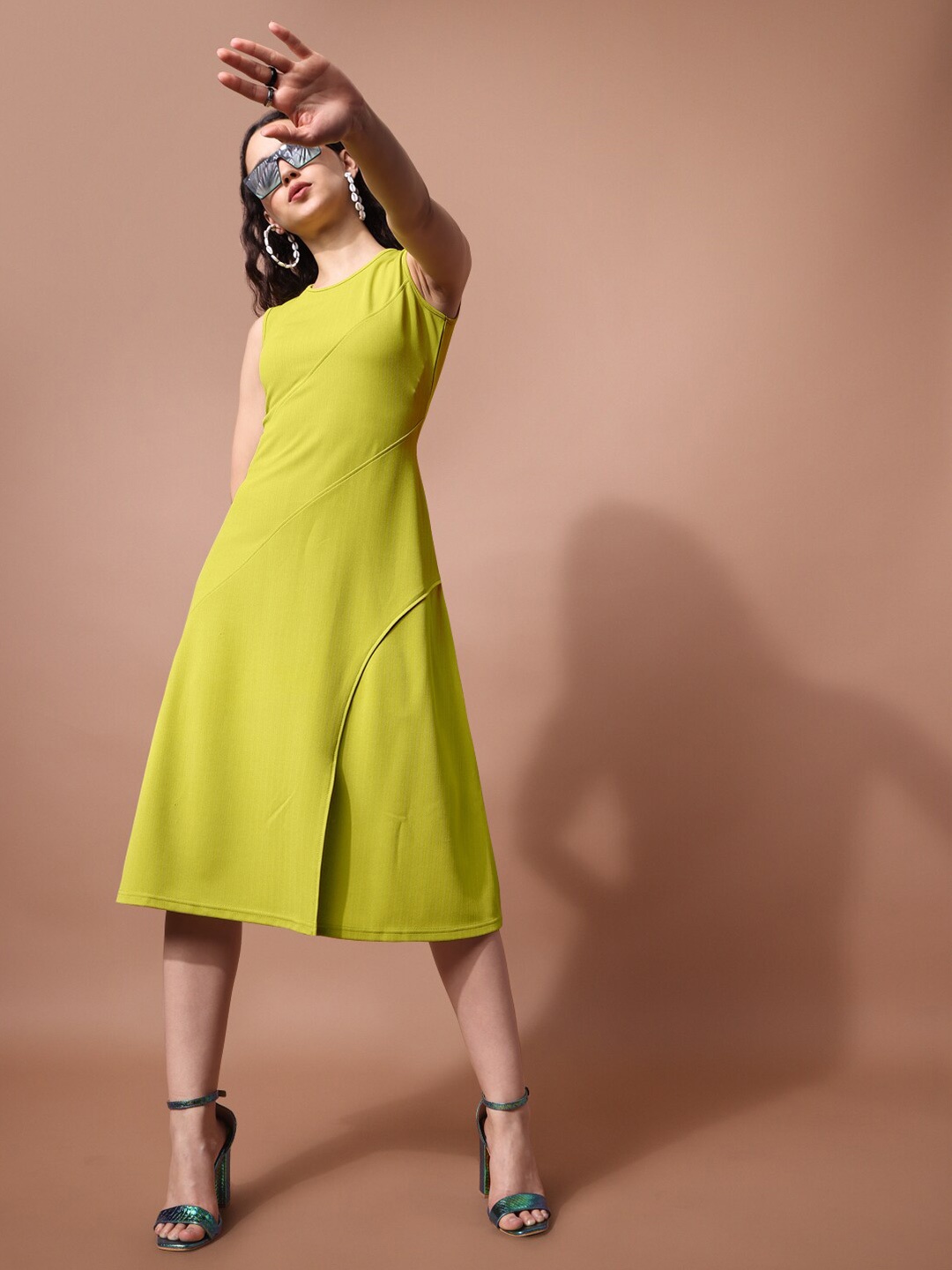 

PURVAJA Sleeveless Midi Length Knitted A-Line Dress, Yellow