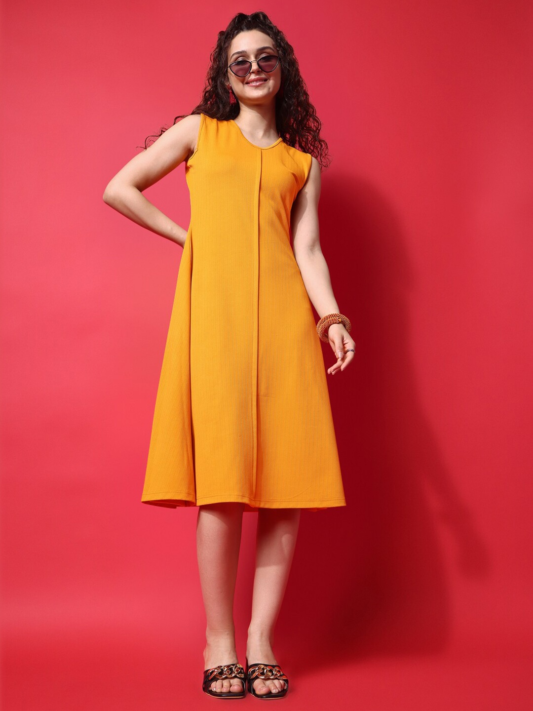 

PURVAJA Sleeveless Midi Length Knitted A-Line Dress, Yellow