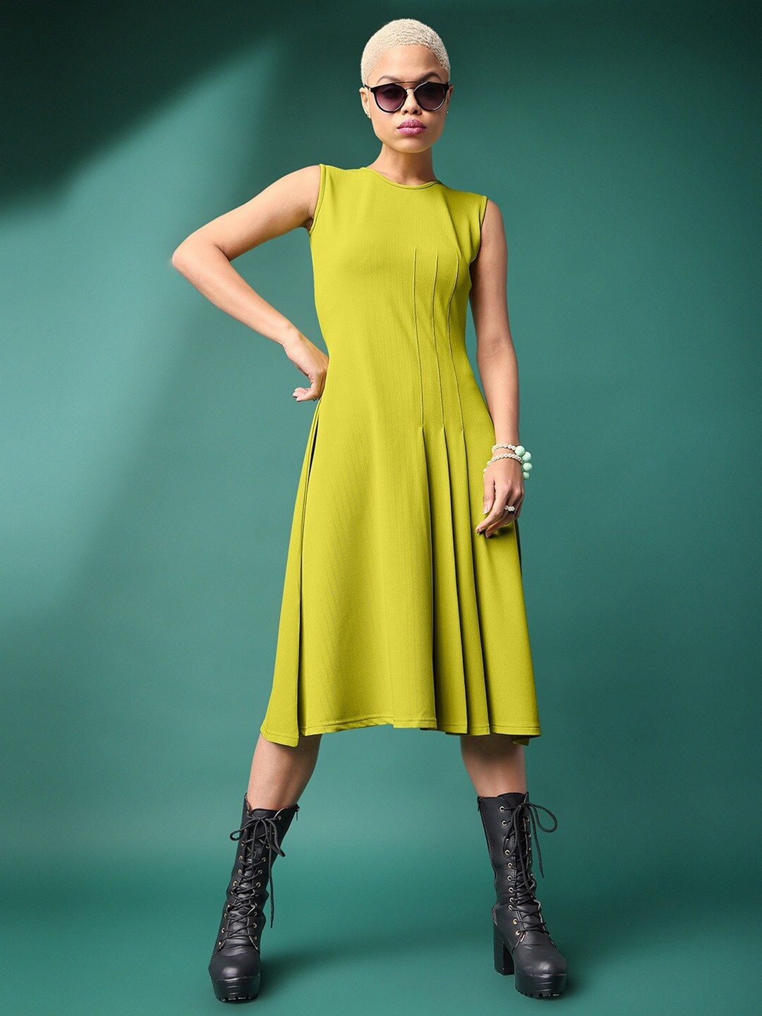 

PURVAJA Round Neck Above Knee A-Line Flared Dress, Yellow