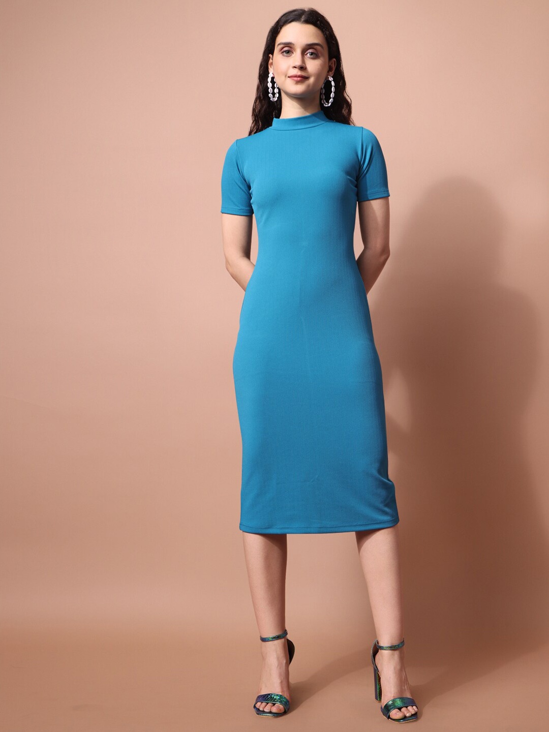 

PURVAJA Hight Neck Above Knee Sheath Dress, Teal