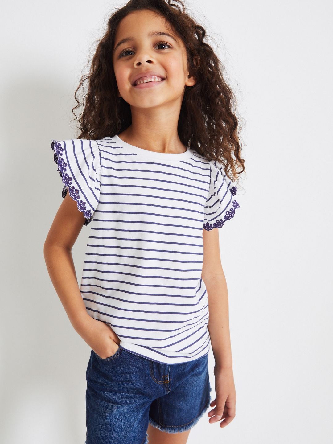 

NEXT Girls Striped Flared Sleeve Cotton Top, White