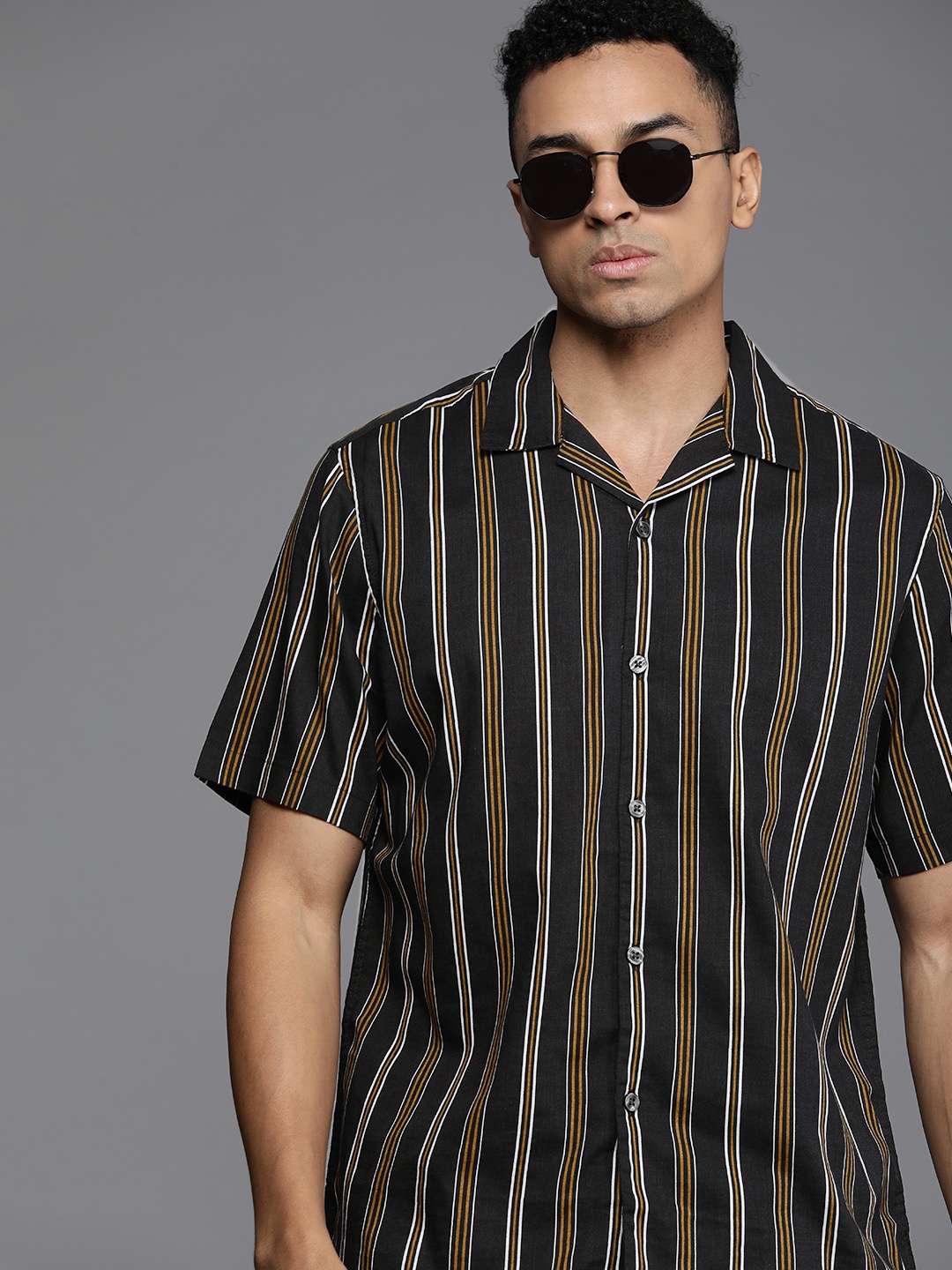 

NEXT Opaque Striped Cuban Collar Casual Shirt, Black