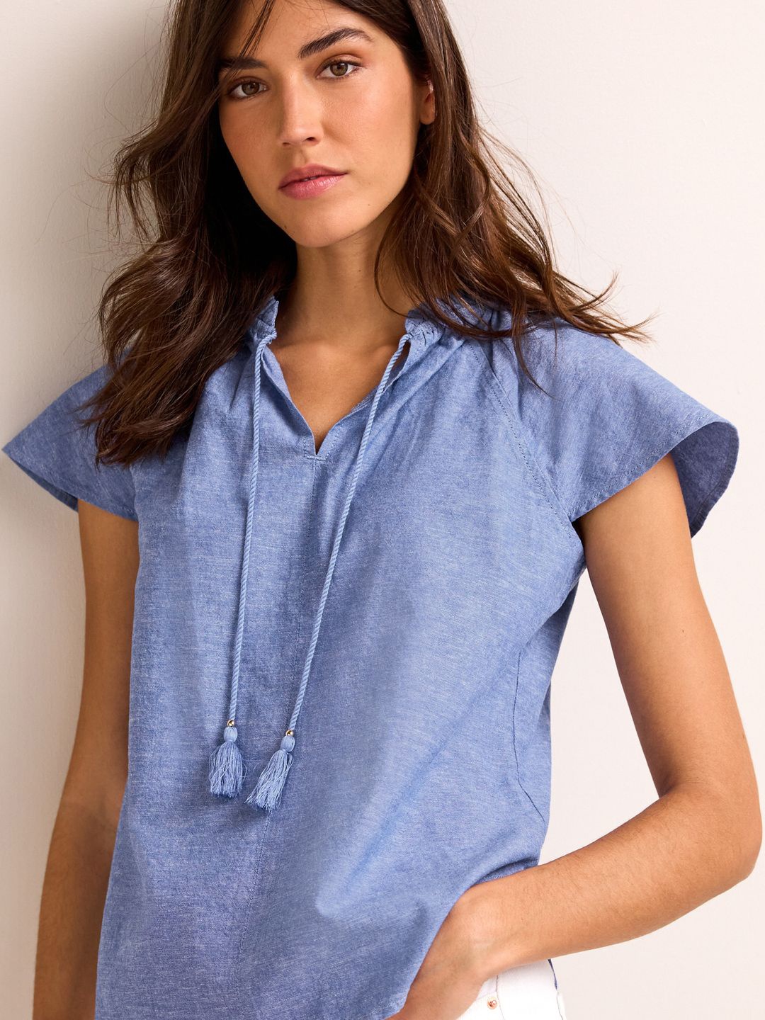 

NEXT Cotton Linen Tie-Up Neck Top, Blue