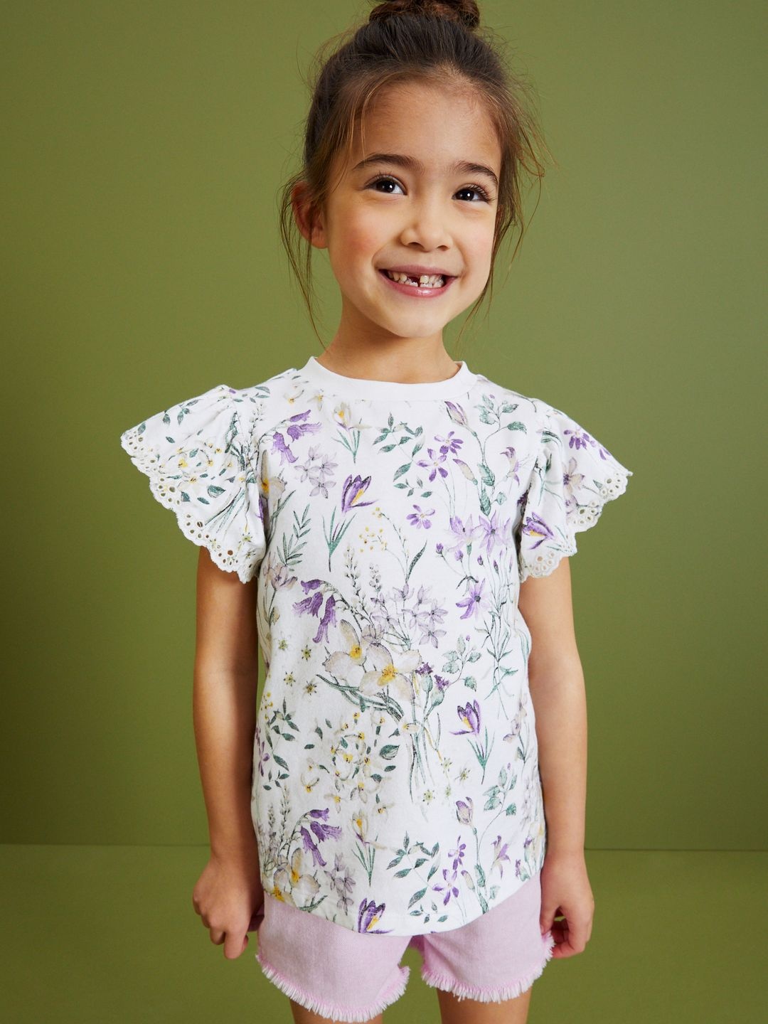 

NEXT Girls Floral Printed Flared Sleeve Cotton Top, White