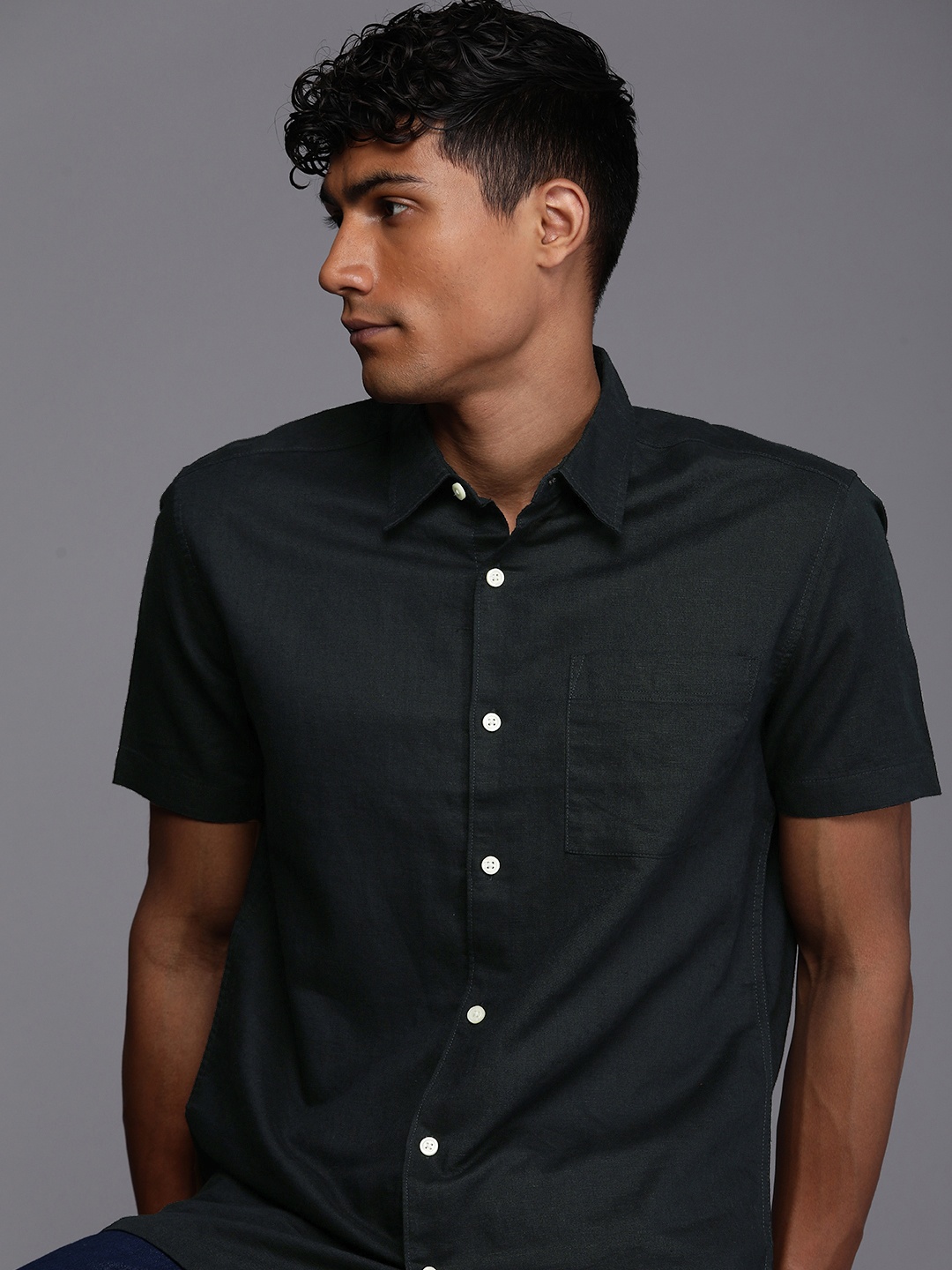 

NEXT Men Linen Cotton Casual Shirt, Black
