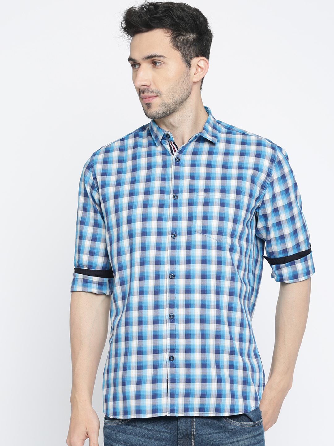 

Nature Casuals Men Blue & Beige Slim Fit Checked Casual Shirt