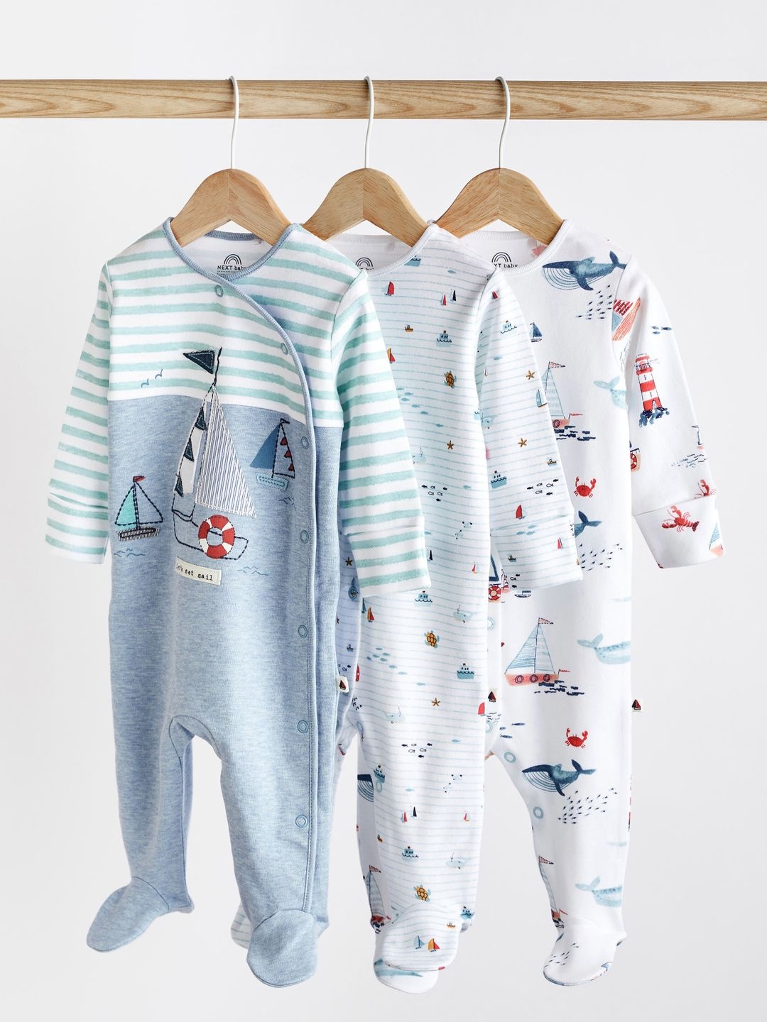 

NEXT Infant Boys Pack of 3 Printed Cotton Sleepsuits, Blue