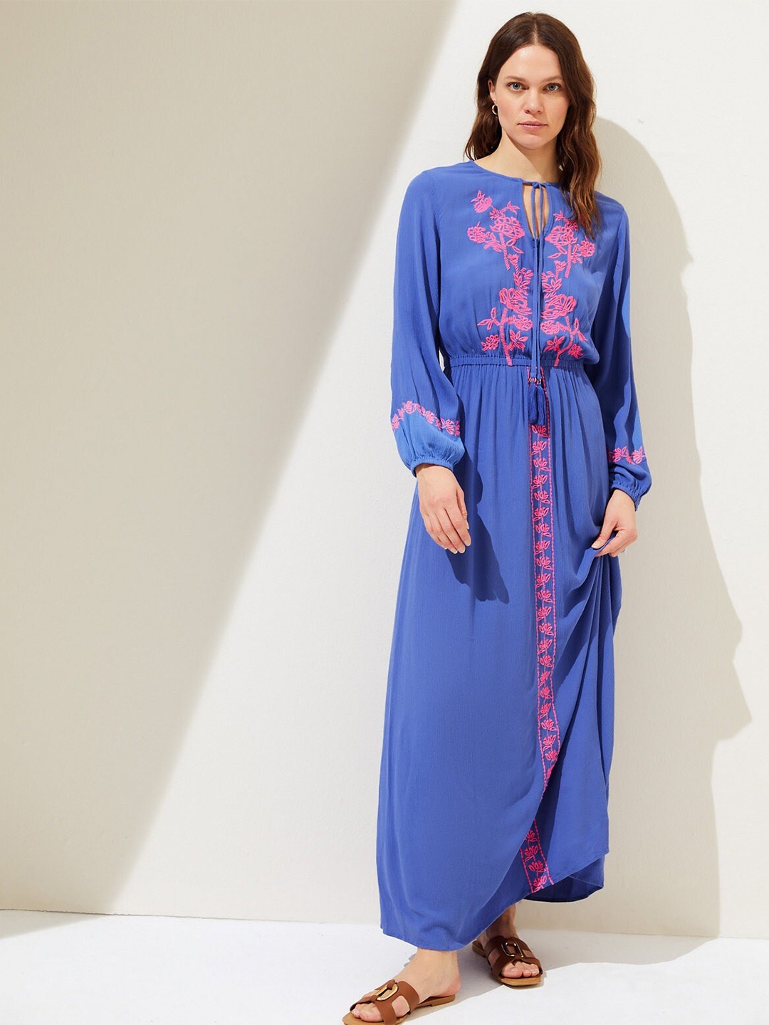 

Marks & Spencer Floral Embroidered Tie-Up Neck Puff Sleeves Maxi Dress, Blue