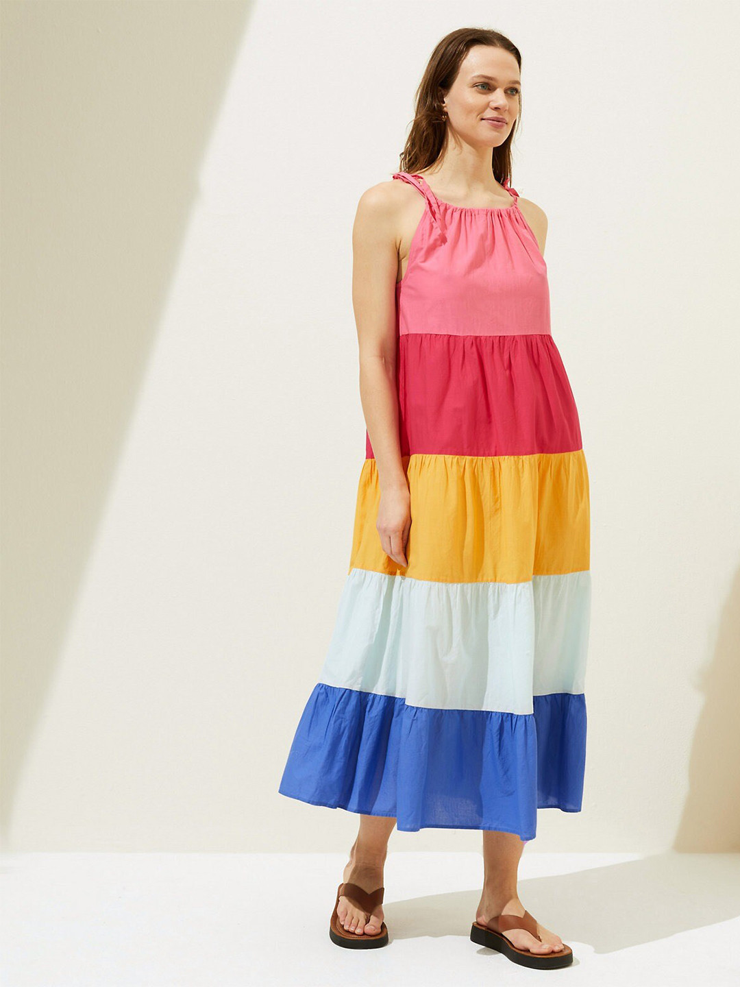 

Marks & Spencer Colourblocked Pure Cotton Empire Tired Midi Dress, Pink