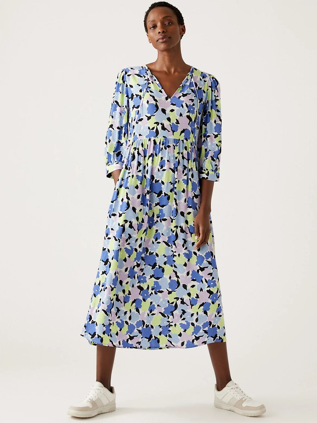 

Marks & Spencer Floral Printed Puff Sleeves Fit & Flare Dress, Blue