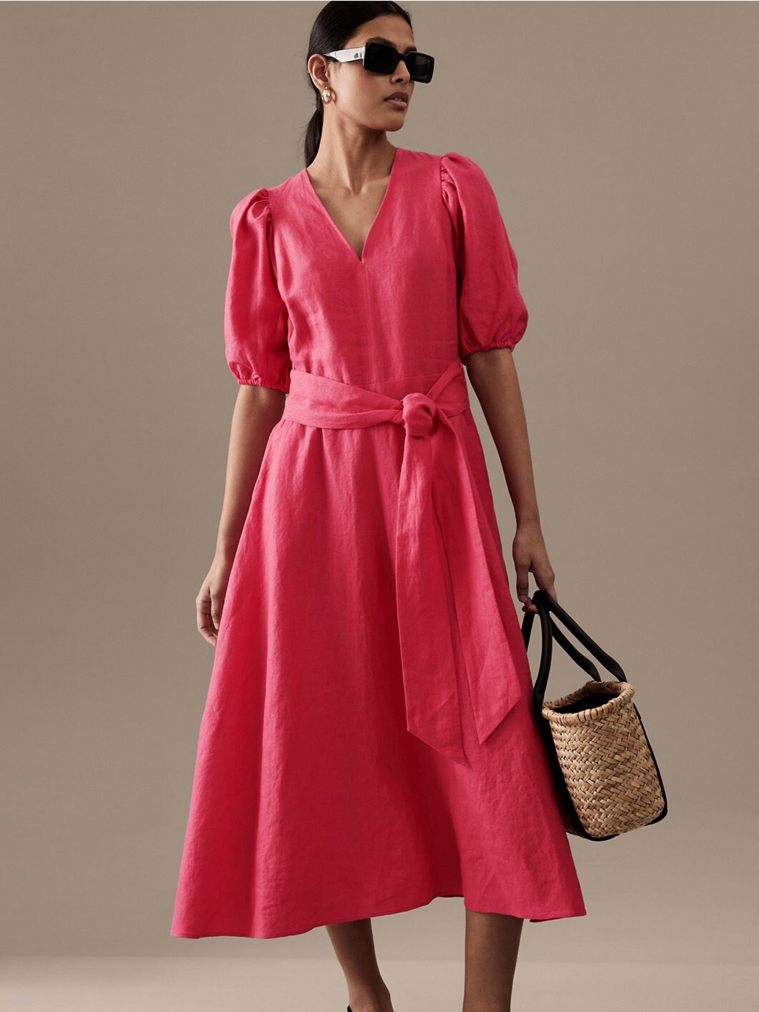 

Marks & Spencer Puff Sleeve Pure Linen Midi A-Line Dress With Waist Tie-Up Details, Pink