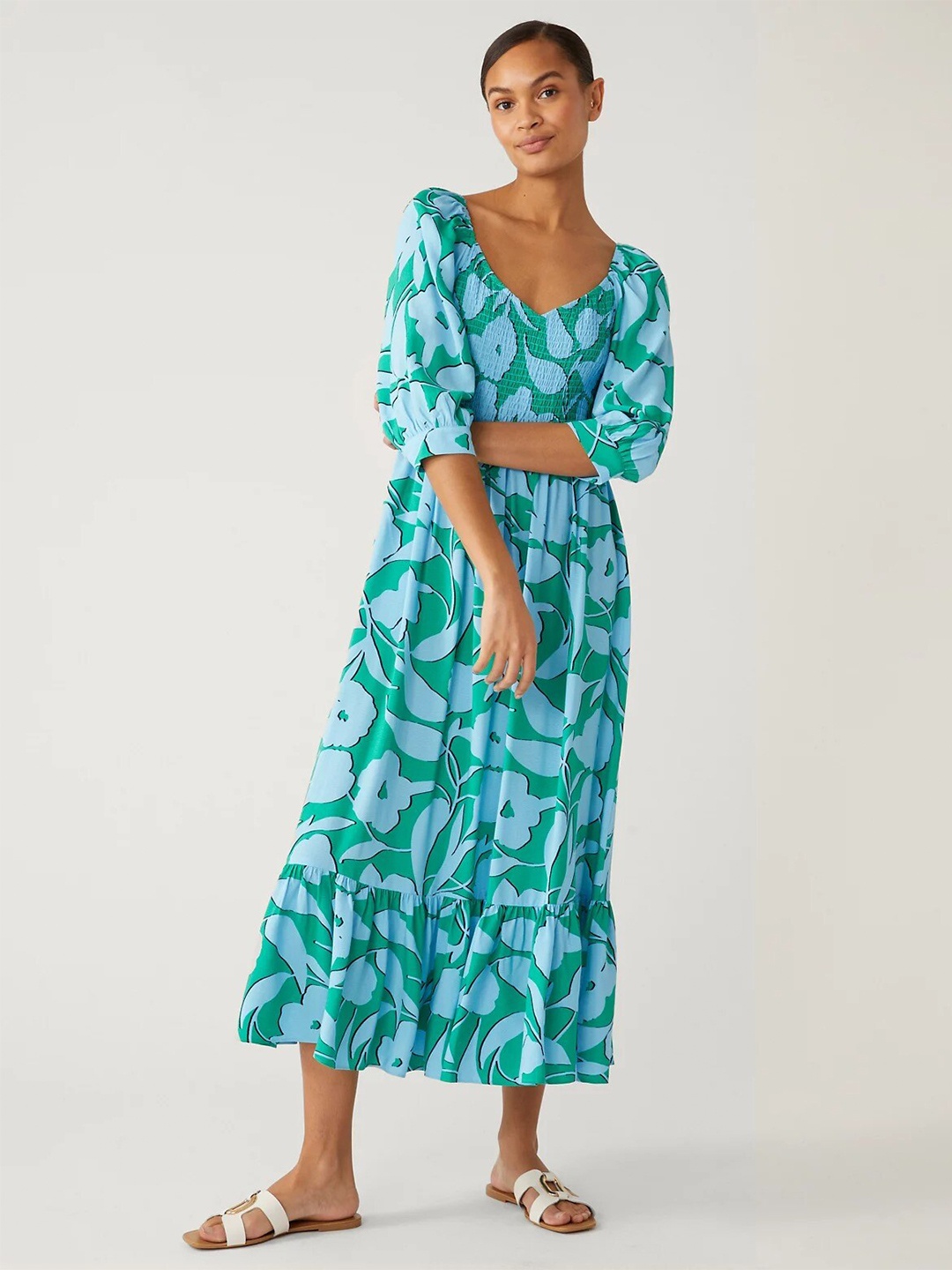 

Marks & Spencer Tropical Printed Puff Sleeve A-Line Midi Dress, Blue