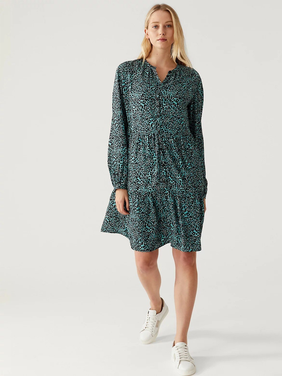 

Marks & Spencer Animal Printed Cuffed Sleeves Shirt Style Dress, Blue