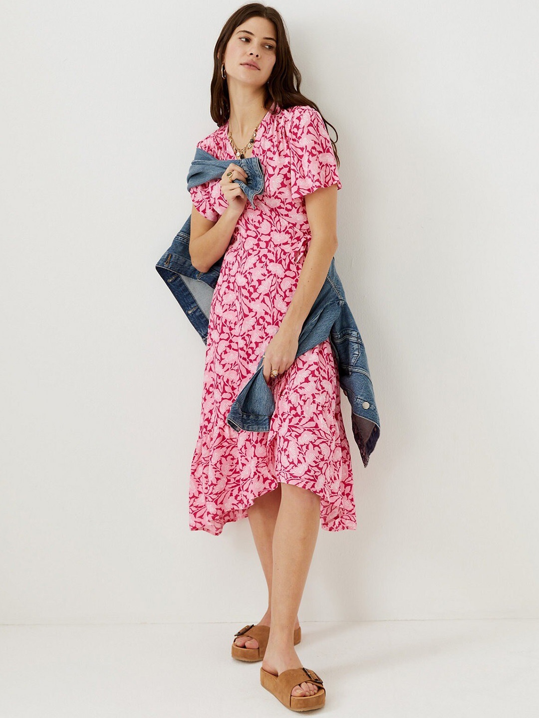 

Marks & Spencer Floral Print V-Neck Midi Dress, Pink